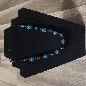 Black and Blue Beaded Statement Piece Necklace Vintage